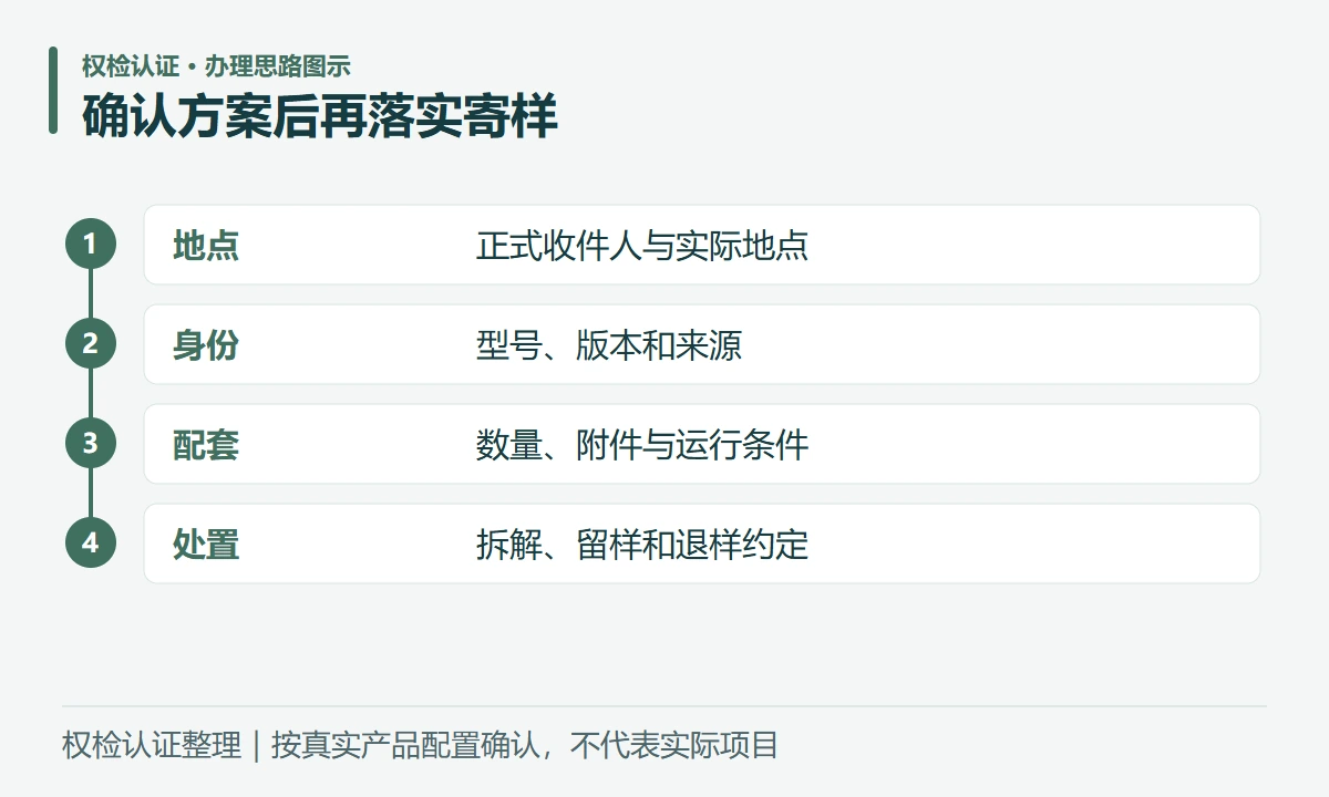 确认方案后再落实寄样:地点,正式收件人与实际地点;身份,型号、版本和来源;配套,数量、附件与运行条件;处置,拆解、留样和退样约定
