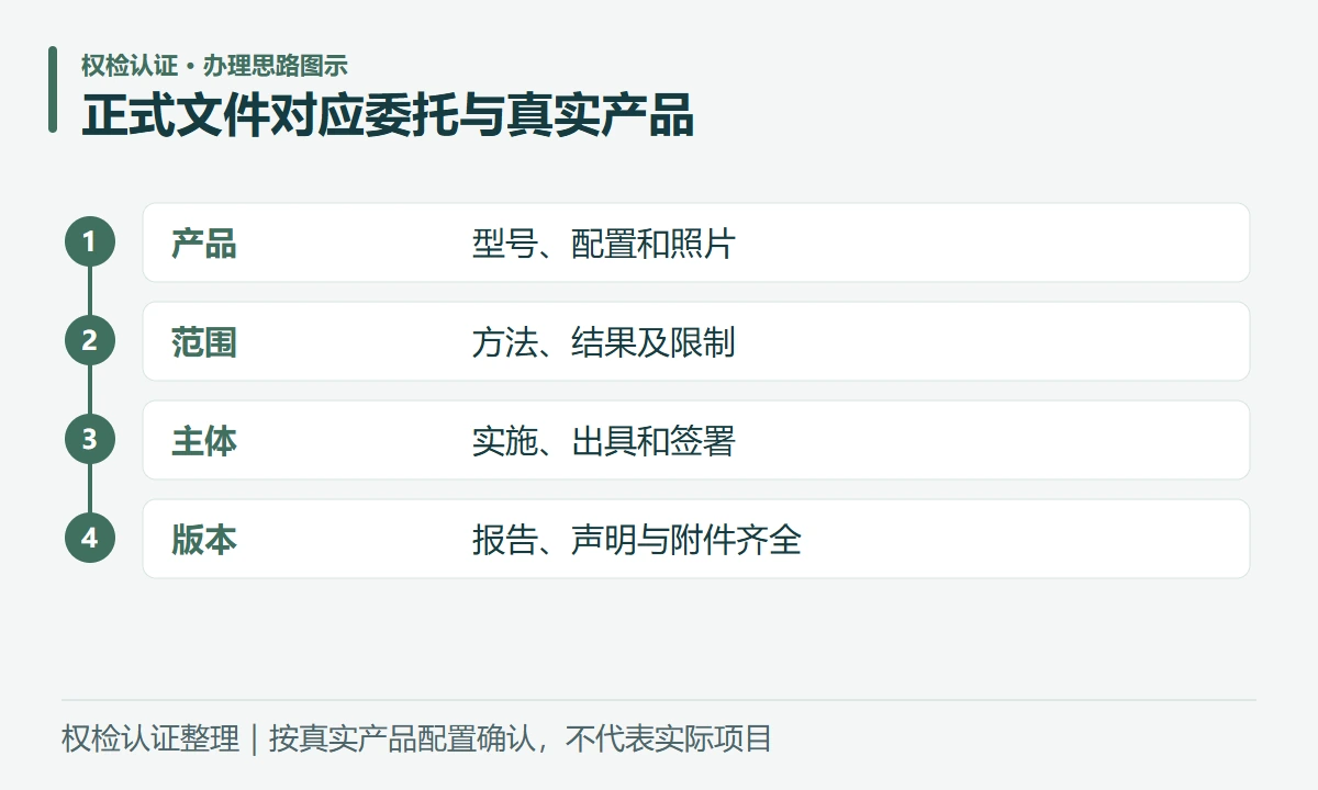 正式文件对应委托与真实产品:产品,型号、配置和照片;范围,方法、结果及限制;主体,实施、出具和签署;版本,报告、声明与附件齐全