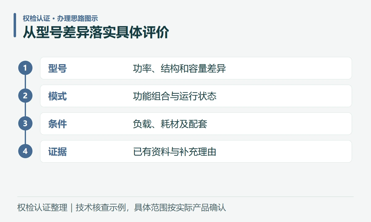 从型号差异落实具体评价:型号,功率、结构和容量差异;模式,功能组合与运行状态;条件,负载、耗材及配套;证据,已有资料与补充理由