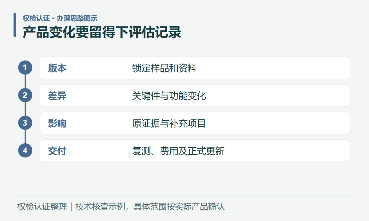 产品变化要留得下评估记录:版本,锁定样品和资料;差异,关键件与功能变化;影响,原证据与补充项目;交付,复测、费用及正式更新