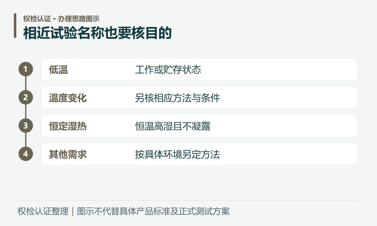 相近试验名称也要核目的:低温,工作或贮存状态;温度变化,另核相应方法与条件;恒定湿热,恒温高湿且不凝露;其他需求,按具体环境另定方法