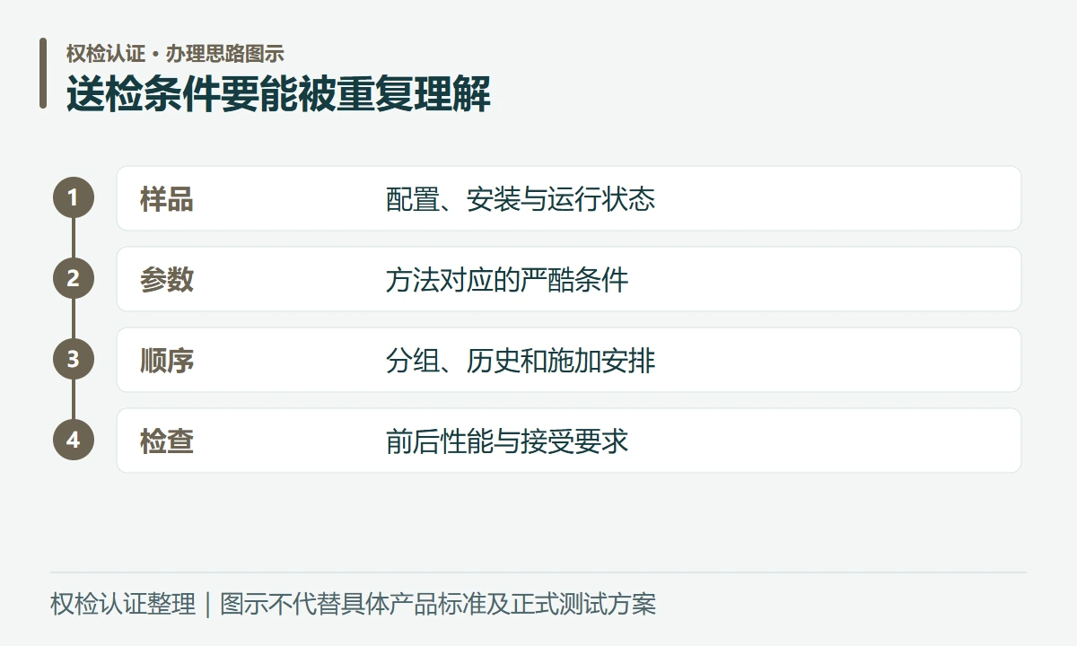 送检条件要能被重复理解:样品,配置、安装与运行状态;参数,方法对应的严酷条件;顺序,分组、历史和施加安排;检查,前后性能与接受要求