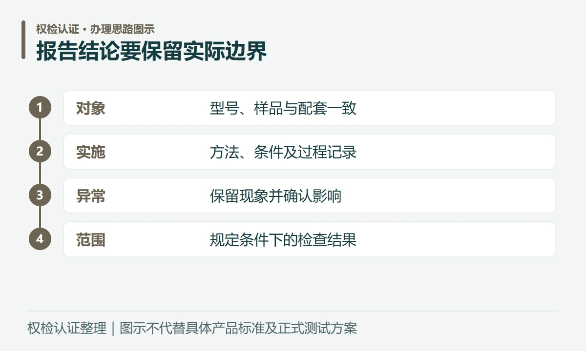 报告结论要保留实际边界:对象,型号、样品与配套一致;实施,方法、条件及过程记录;异常,保留现象并确认影响;范围,规定条件下的检查结果
