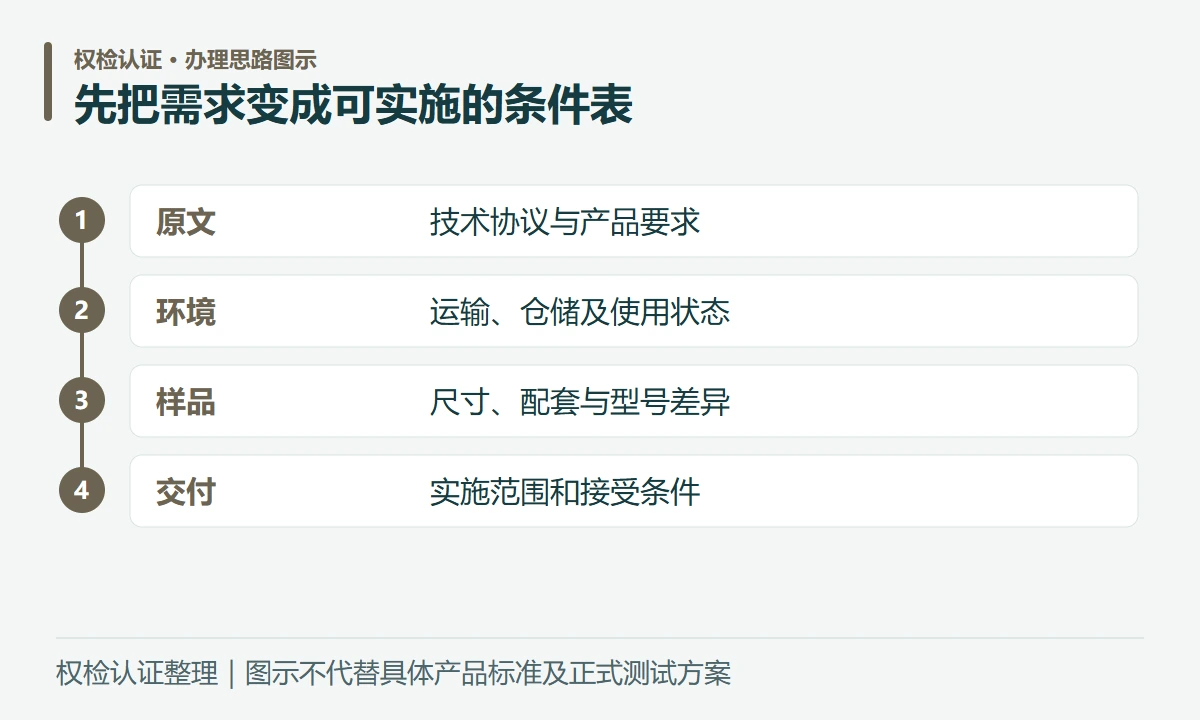 先把需求变成可实施的条件表:原文,技术协议与产品要求;环境,运输、仓储及使用状态;样品,尺寸、配套与型号差异;交付,实施范围和接受条件