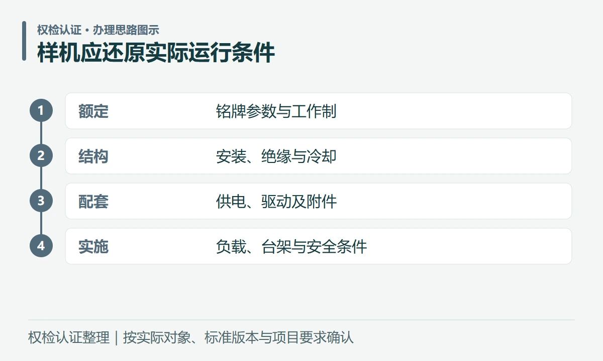 样机应还原实际运行条件:额定,铭牌参数与工作制;结构,安装、绝缘与冷却;配套,供电、驱动及附件;实施,负载、台架与安全条件
