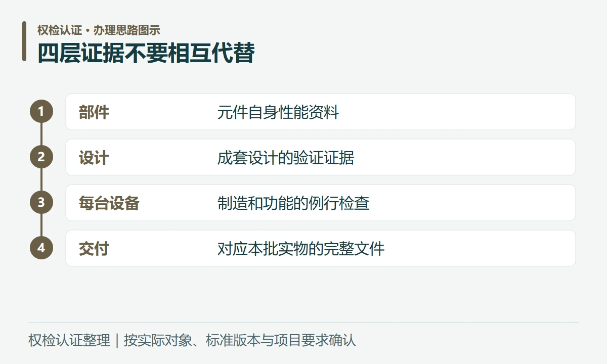 四层证据不要相互代替:部件,元件自身性能资料;设计,成套设计的验证证据;每台设备,制造和功能的例行检查;交付,对应本批实物的完整文件