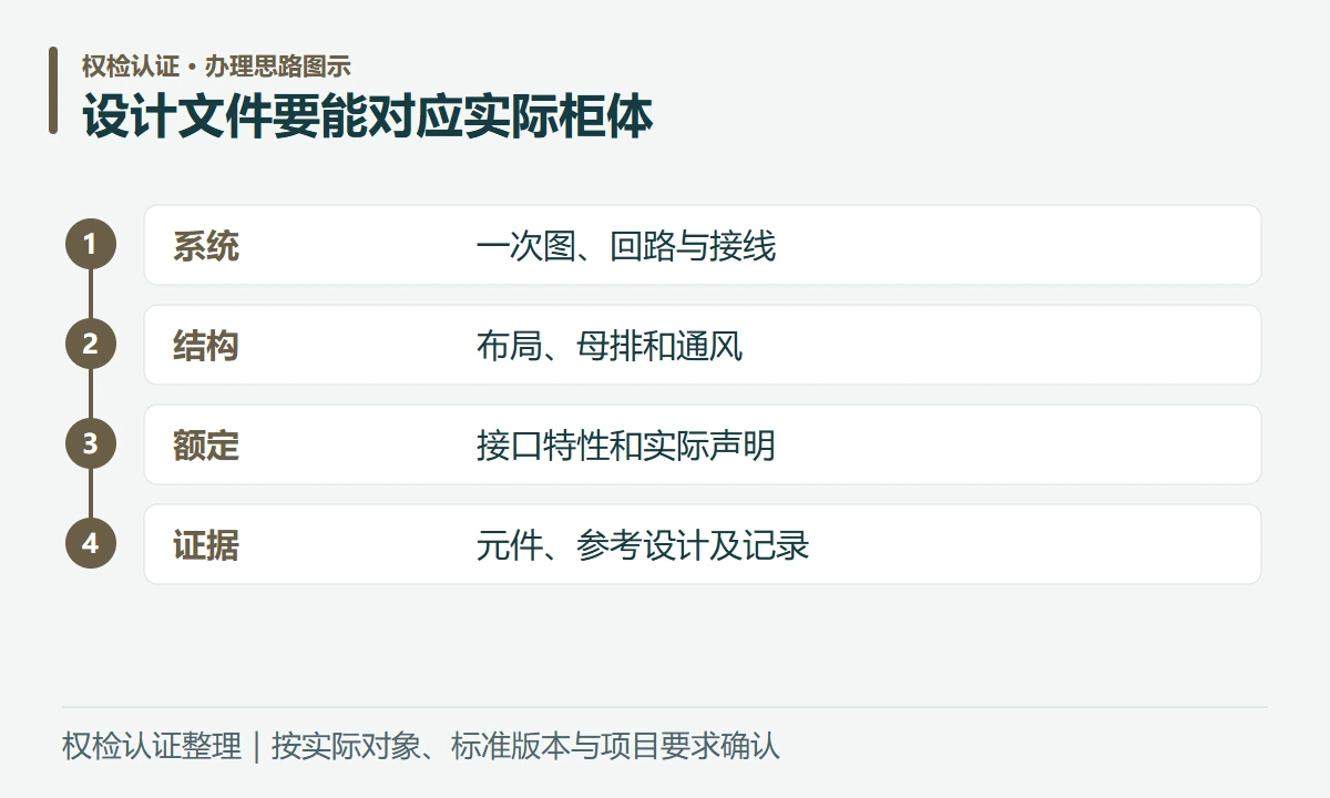 设计文件要能对应实际柜体:系统,一次图、回路与接线;结构,布局、母排和通风;额定,接口特性和实际声明;证据,元件、参考设计及记录