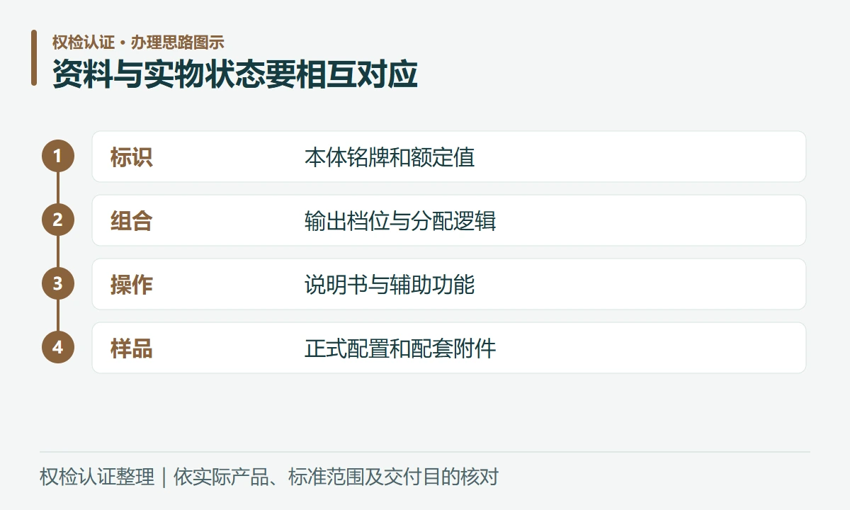 资料与实物状态要相互对应:标识,本体铭牌和额定值;组合,输出档位与分配逻辑;操作,说明书与辅助功能;样品,正式配置和配套附件