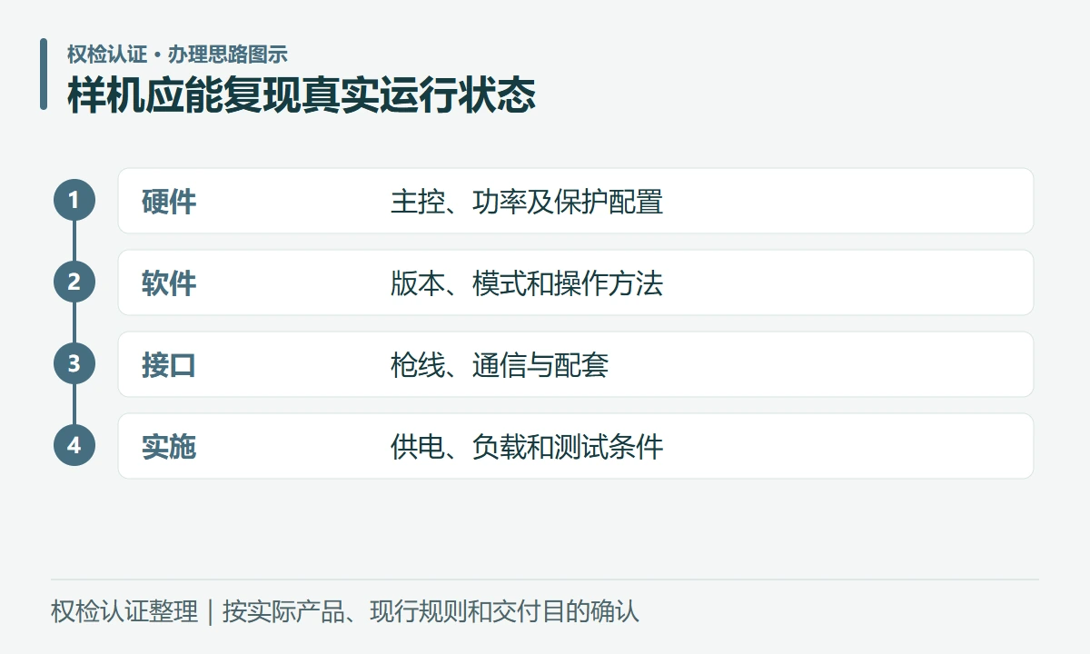样机应能复现真实运行状态:硬件,主控、功率及保护配置;软件,版本、模式和操作方法;接口,枪线、通信与配套;实施,供电、负载和测试条件