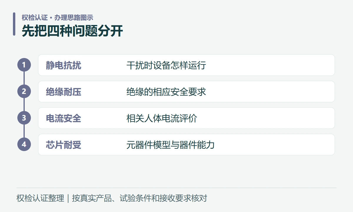 先把四种问题分开:静电抗扰,干扰时设备怎样运行;绝缘耐压,绝缘的相应安全要求;电流安全,相关人体电流评价;芯片耐受,元器件模型与器件能力
