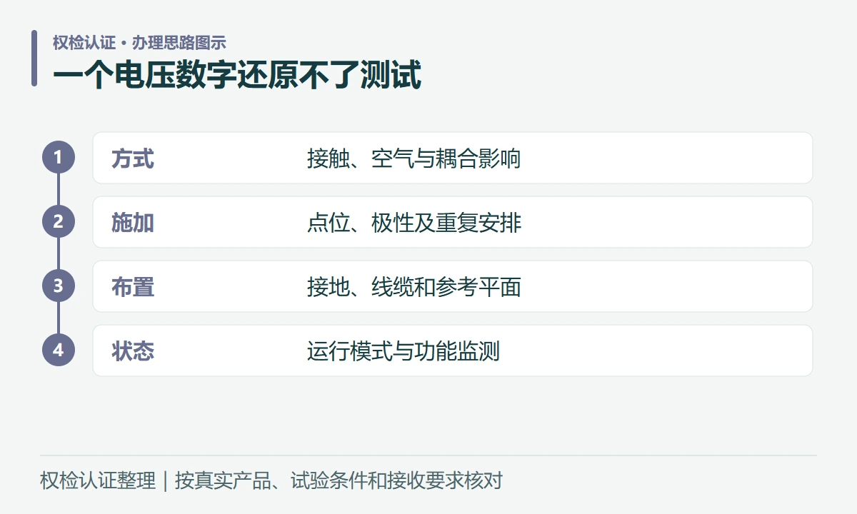 一个电压数字还原不了测试:方式,接触、空气与耦合影响;施加,点位、极性及重复安排;布置,接地、线缆和参考平面;状态,运行模式与功能监测