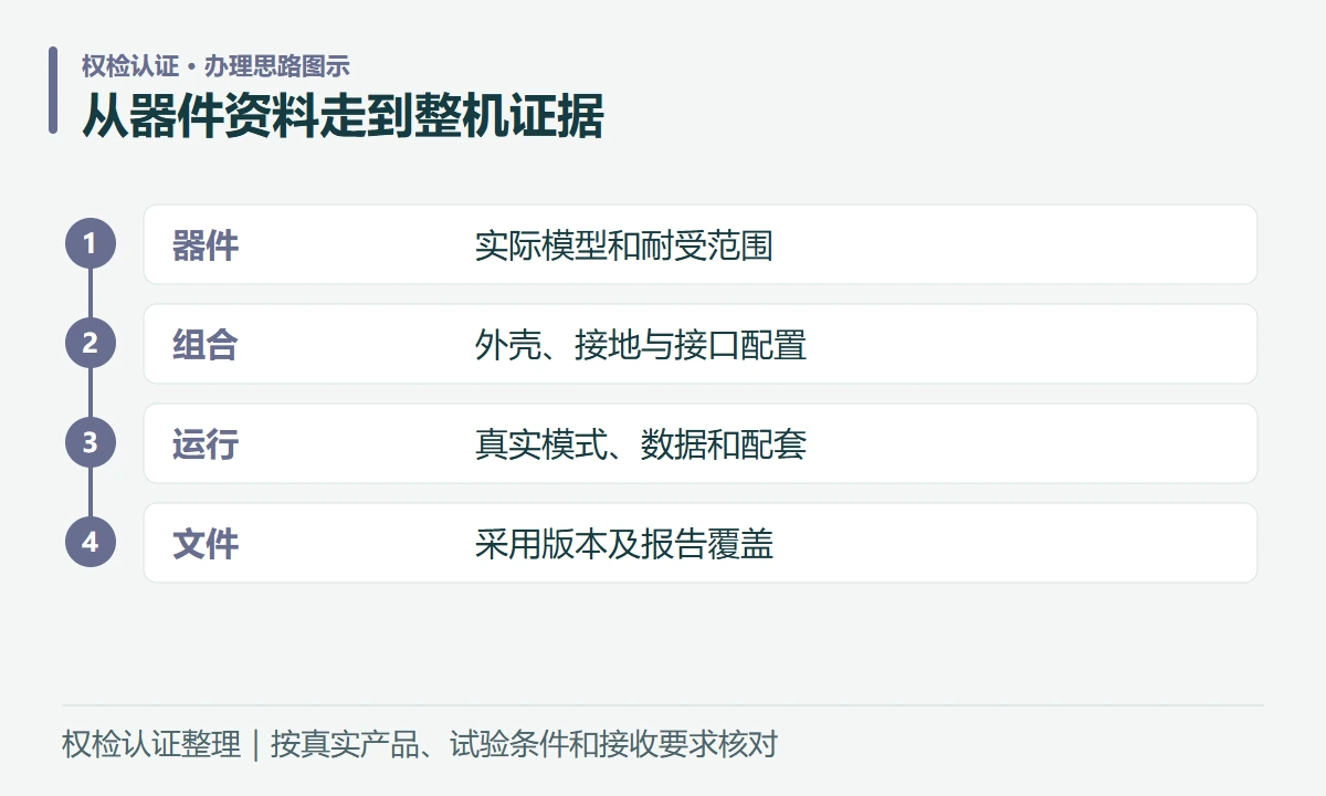从器件资料走到整机证据:器件,实际模型和耐受范围;组合,外壳、接地与接口配置;运行,真实模式、数据和配套;文件,采用版本及报告覆盖