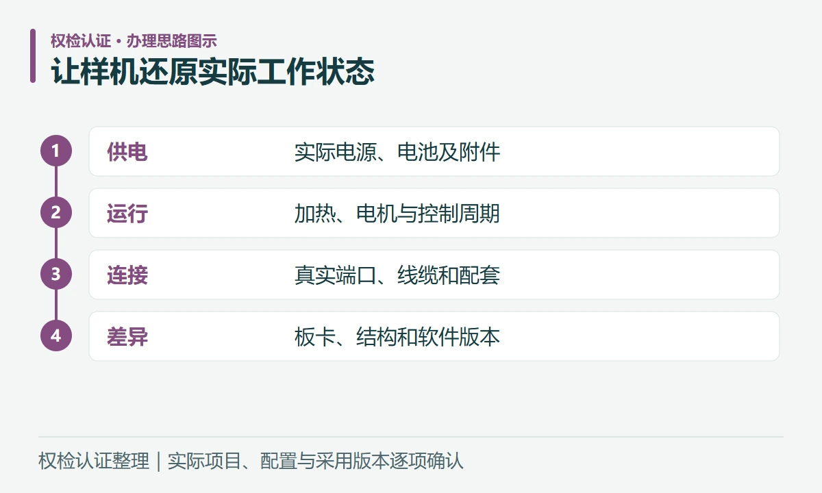 让样机还原实际工作状态:供电,实际电源、电池及附件;运行,加热、电机与控制周期;连接,真实端口、线缆和配套;差异,板卡、结构和软件版本