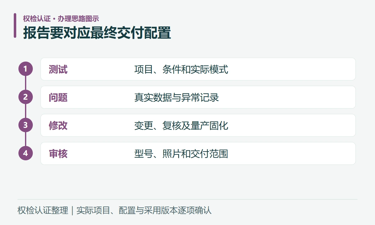 报告要对应最终交付配置:测试,项目、条件和实际模式;问题,真实数据与异常记录;修改,变更、复核及量产固化;审核,型号、照片和交付范围