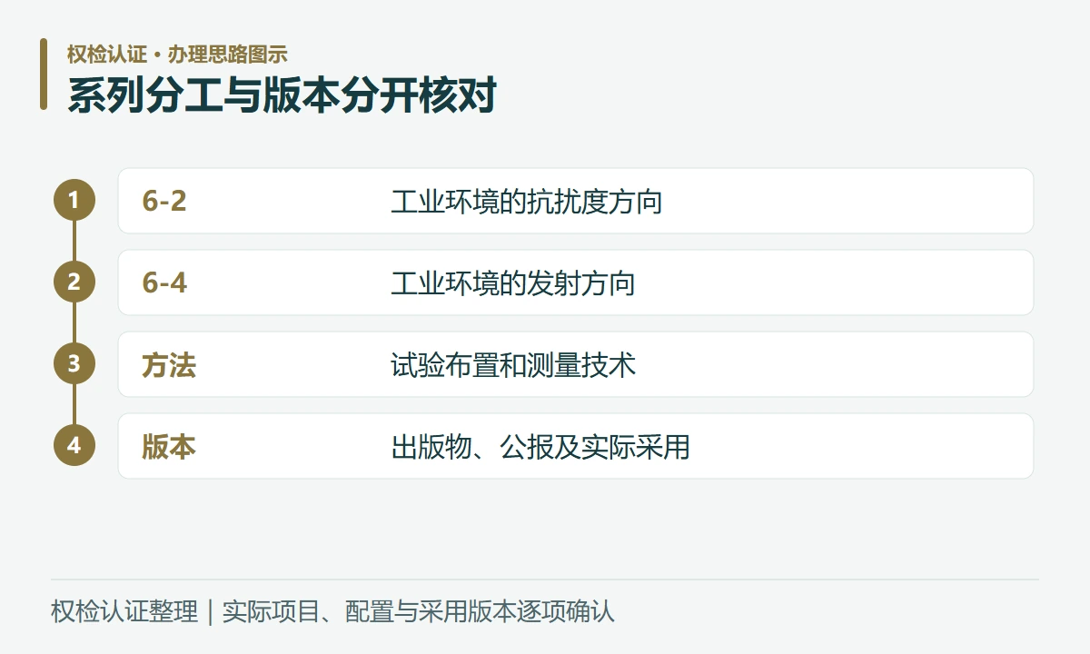 系列分工与版本分开核对:6-2,工业环境的抗扰度方向;6-4,工业环境的发射方向;方法,试验布置和测量技术;版本,出版物、公报及实际采用