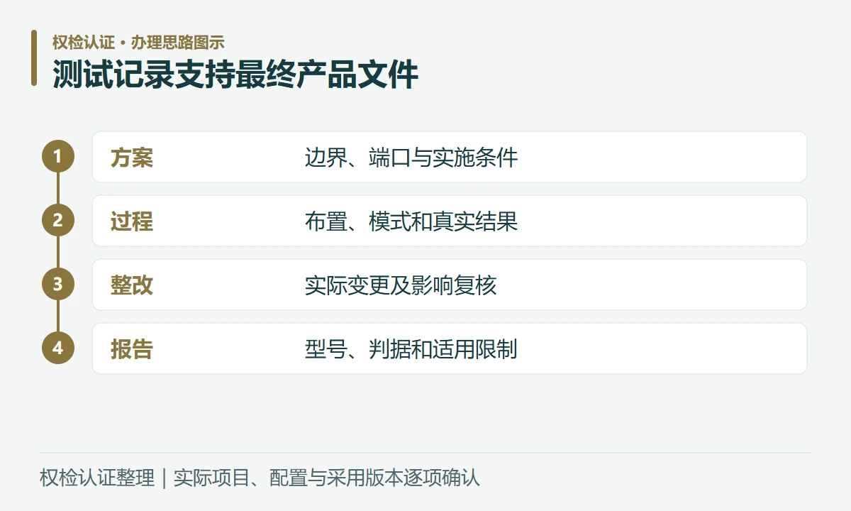 测试记录支持最终产品文件:方案,边界、端口与实施条件;过程,布置、模式和真实结果;整改,实际变更及影响复核;报告,型号、判据和适用限制