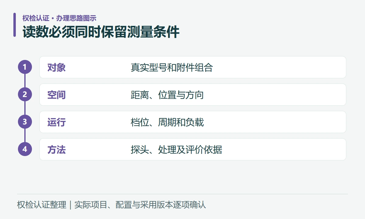 读数必须同时保留测量条件:对象,真实型号和附件组合;空间,距离、位置与方向;运行,档位、周期和负载;方法,探头、处理及评价依据