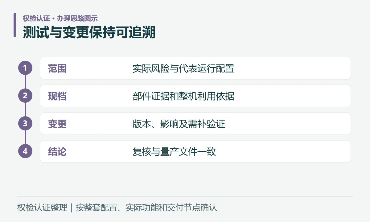 测试与变更保持可追溯:范围,实际风险与代表运行配置;现档,部件证据和整机利用依据;变更,版本、影响及需补验证;结论,复核与量产文件一致