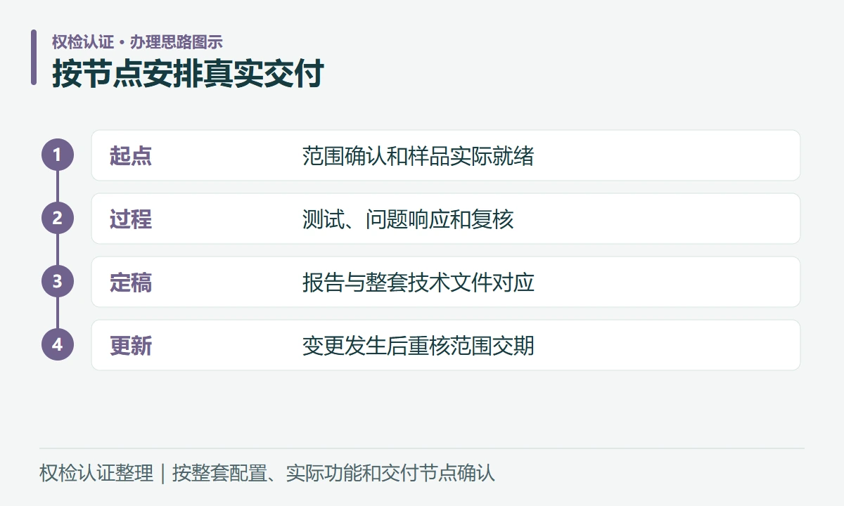 按节点安排真实交付:起点,范围确认和样品实际就绪;过程,测试、问题响应和复核;定稿,报告与整套技术文件对应;更新,变更发生后重核范围交期