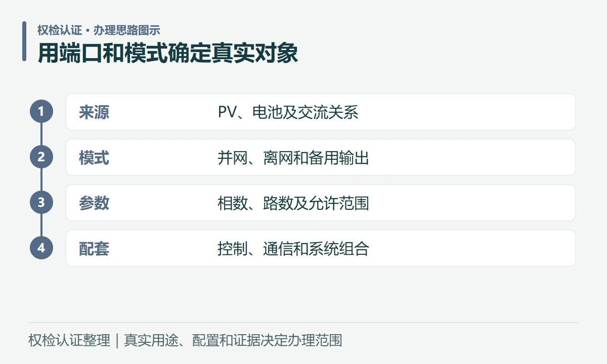 用端口和模式确定真实对象:来源,PV、电池及交流关系;模式,并网、离网和备用输出;参数,相数、路数及允许范围;配套,控制、通信和系统组合