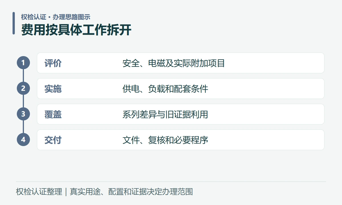 费用按具体工作拆开:评价,安全、电磁及实际附加项目;实施,供电、负载和配套条件;覆盖,系列差异与旧证据利用;交付,文件、复核和必要程序