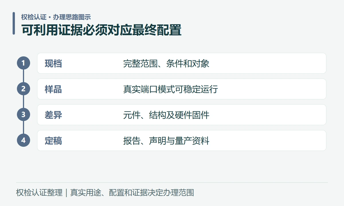 可利用证据必须对应最终配置:现档,完整范围、条件和对象;样品,真实端口模式可稳定运行;差异,元件、结构及硬件固件;定稿,报告、声明与量产资料