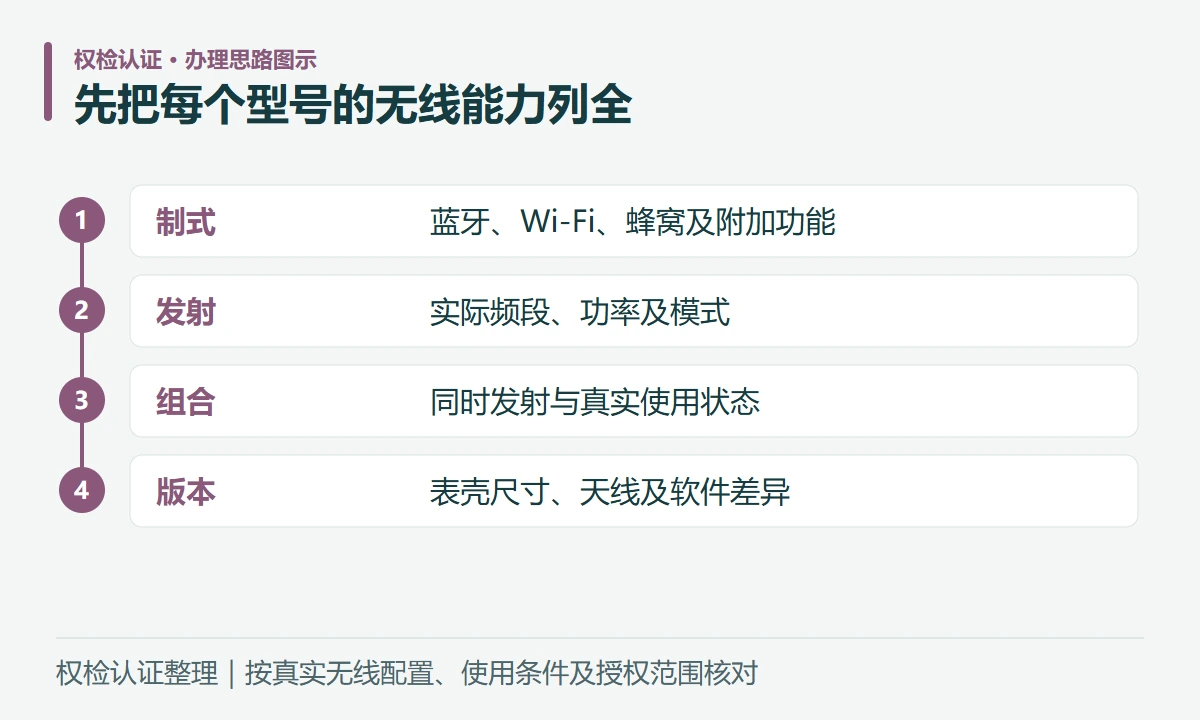 先把每个型号的无线能力列全:制式,蓝牙、Wi-Fi、蜂窝及附加功能;发射,实际频段、功率及模式;组合,同时发射与真实使用状态;版本,表壳尺寸、天线及软件差异