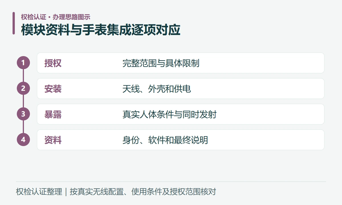 模块资料与手表集成逐项对应:授权,完整范围与具体限制;安装,天线、外壳和供电;暴露,真实人体条件与同时发射;资料,身份、软件和最终说明