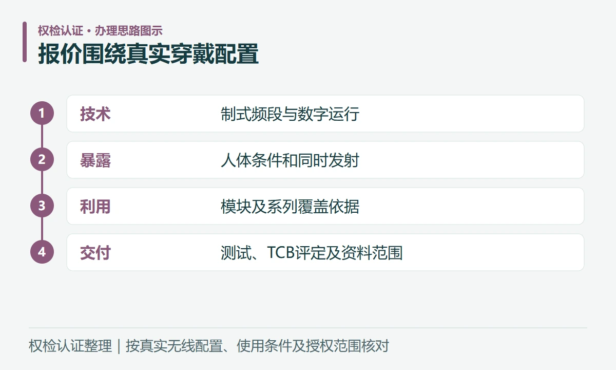 报价围绕真实穿戴配置:技术,制式频段与数字运行;暴露,人体条件和同时发射;利用,模块及系列覆盖依据;交付,测试、TCB评定及资料范围