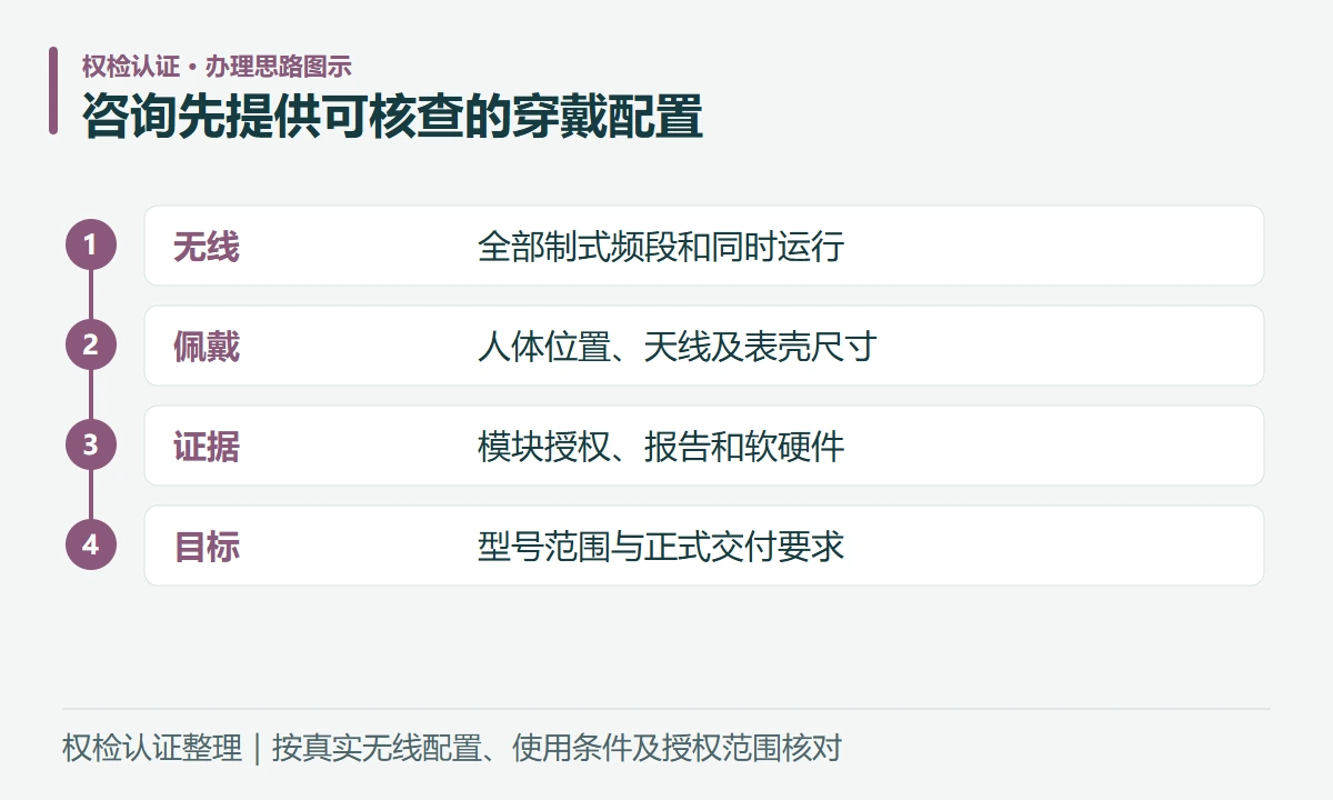 咨询先提供可核查的穿戴配置:无线,全部制式频段和同时运行;佩戴,人体位置、天线及表壳尺寸;证据,模块授权、报告和软硬件;目标,型号范围与正式交付要求
