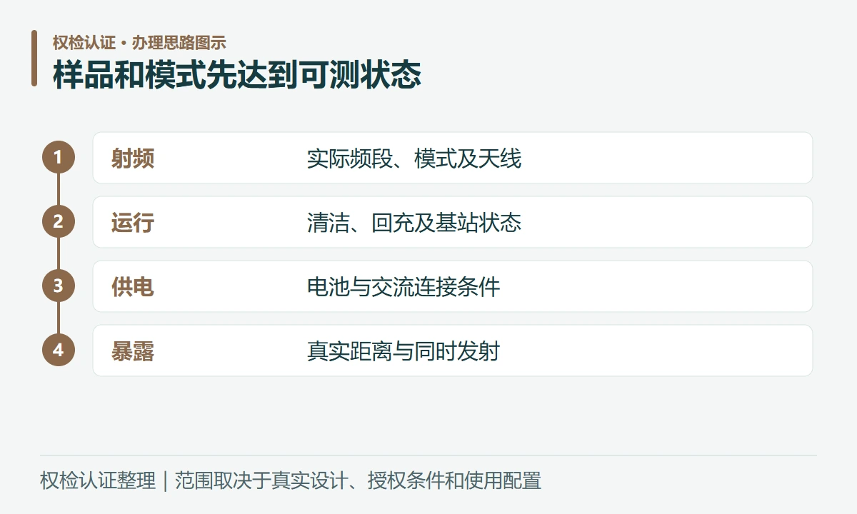 样品和模式先达到可测状态:射频,实际频段、模式及天线;运行,清洁、回充及基站状态;供电,电池与交流连接条件;暴露,真实距离与同时发射