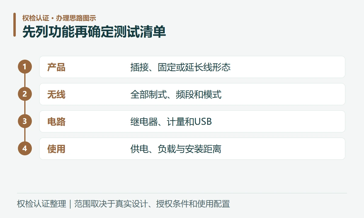 先列功能再确定测试清单:产品,插接、固定或延长线形态;无线,全部制式、频段和模式;电路,继电器、计量和USB;使用,供电、负载与安装距离