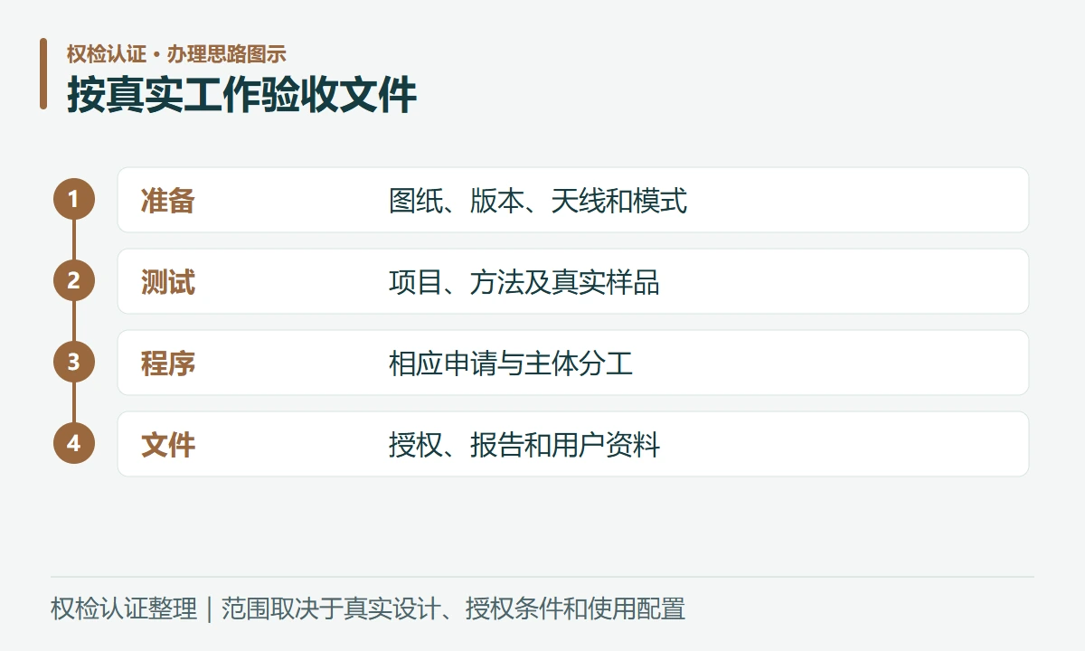 按真实工作验收文件:准备,图纸、版本、天线和模式;测试,项目、方法及真实样品;程序,相应申请与主体分工;文件,授权、报告和用户资料