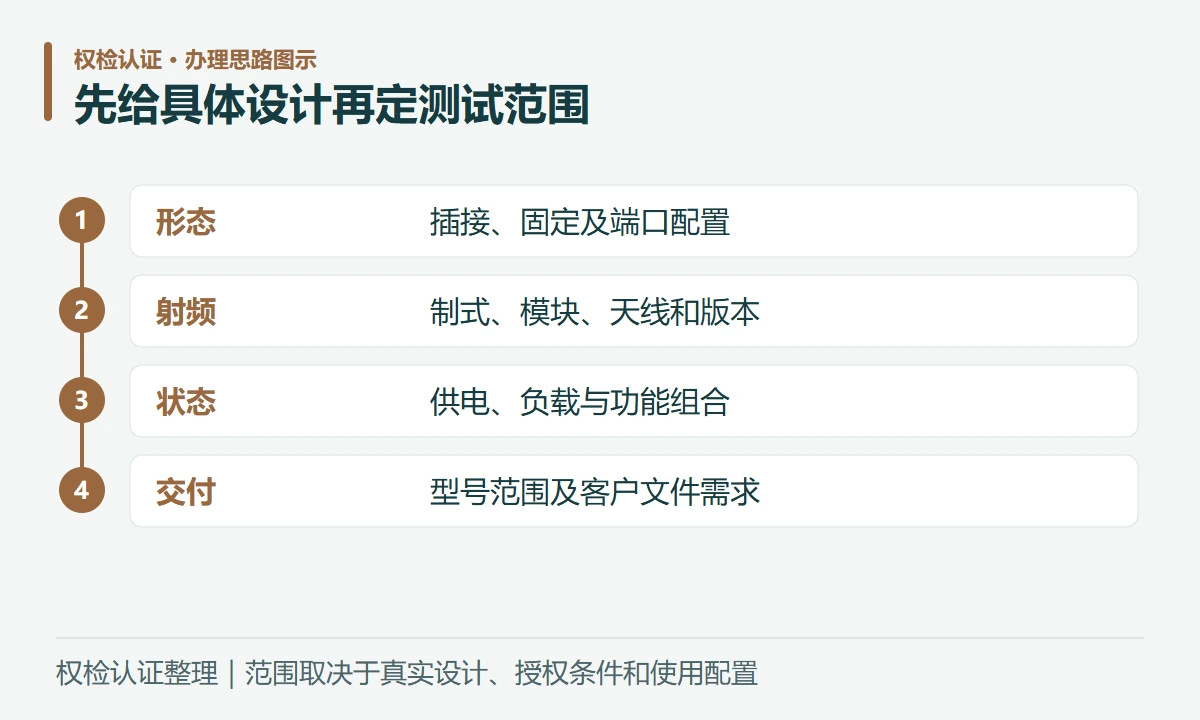 先给具体设计再定测试范围:形态,插接、固定及端口配置;射频,制式、模块、天线和版本;状态,供电、负载与功能组合;交付,型号范围及客户文件需求