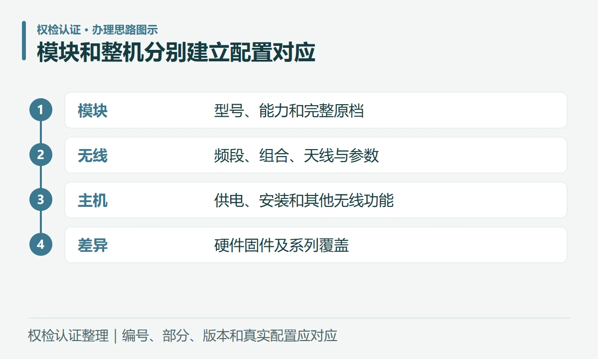 模块和整机分别建立配置对应:模块,型号、能力和完整原档;无线,频段、组合、天线与参数;主机,供电、安装和其他无线功能;差异,硬件固件及系列覆盖