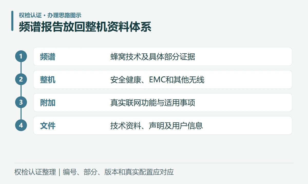 频谱报告放回整机资料体系:频谱,蜂窝技术及具体部分证据;整机,安全健康、EMC和其他无线;附加,真实联网功能与适用事项;文件,技术资料、声明及用户信息