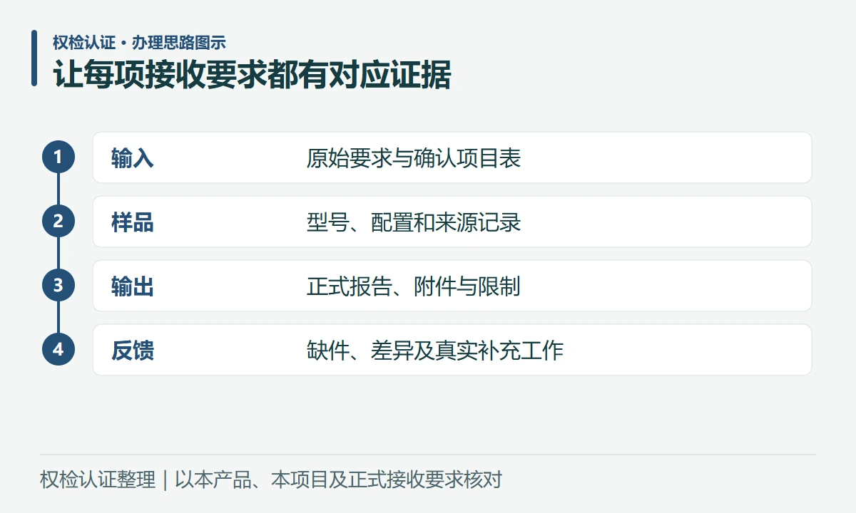 让每项接收要求都有对应证据:输入,原始要求与确认项目表;样品,型号、配置和来源记录;输出,正式报告、附件与限制;反馈,缺件、差异及真实补充工作