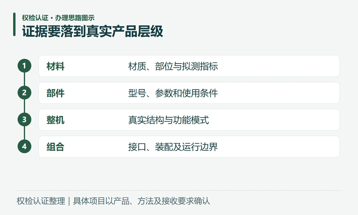 证据要落到真实产品层级:材料,材质、部位与拟测指标;部件,型号、参数和使用条件;整机,真实结构与功能模式;组合,接口、装配及运行边界