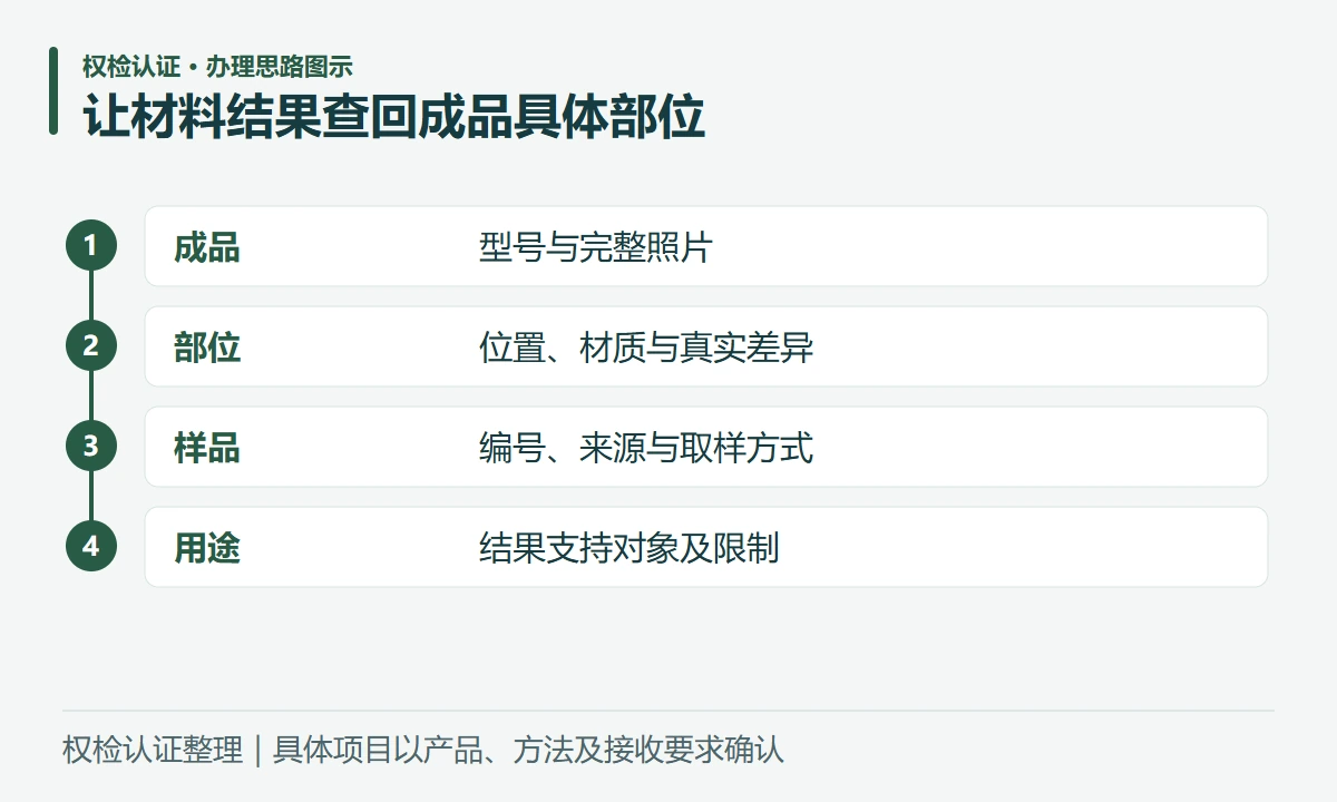 让材料结果查回成品具体部位:成品,型号与完整照片;部位,位置、材质与真实差异;样品,编号、来源与取样方式;用途,结果支持对象及限制