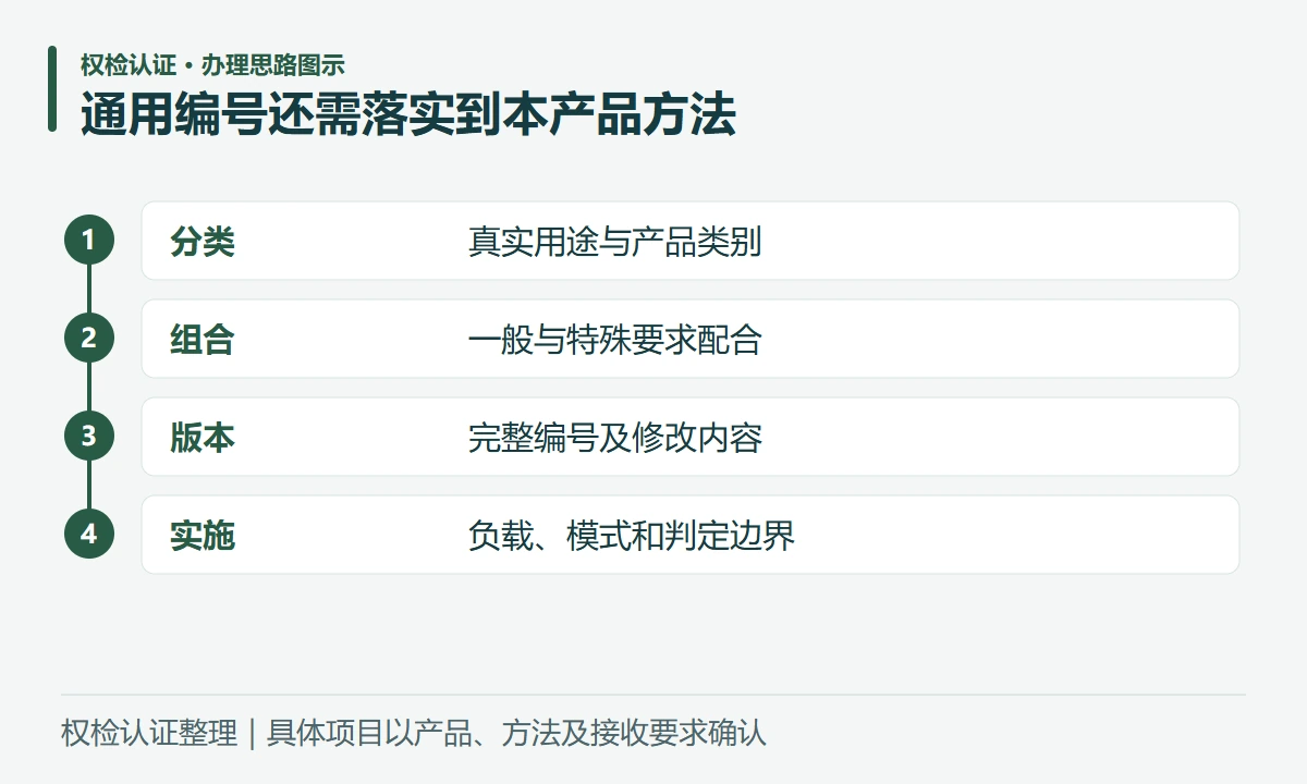 通用编号还需落实到本产品方法:分类,真实用途与产品类别;组合,一般与特殊要求配合;版本,完整编号及修改内容;实施,负载、模式和判定边界