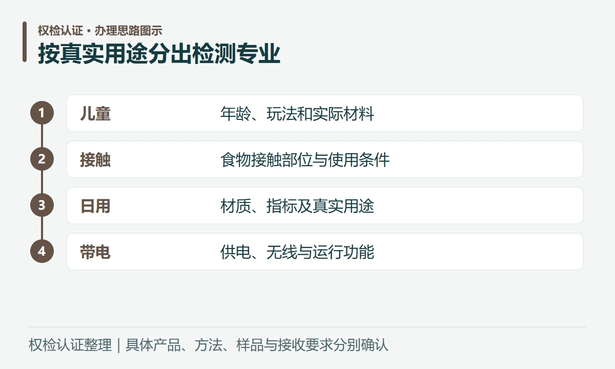按真实用途分出检测专业:儿童,年龄、玩法和实际材料;接触,食物接触部位与使用条件;日用,材质、指标及真实用途;带电,供电、无线与运行功能