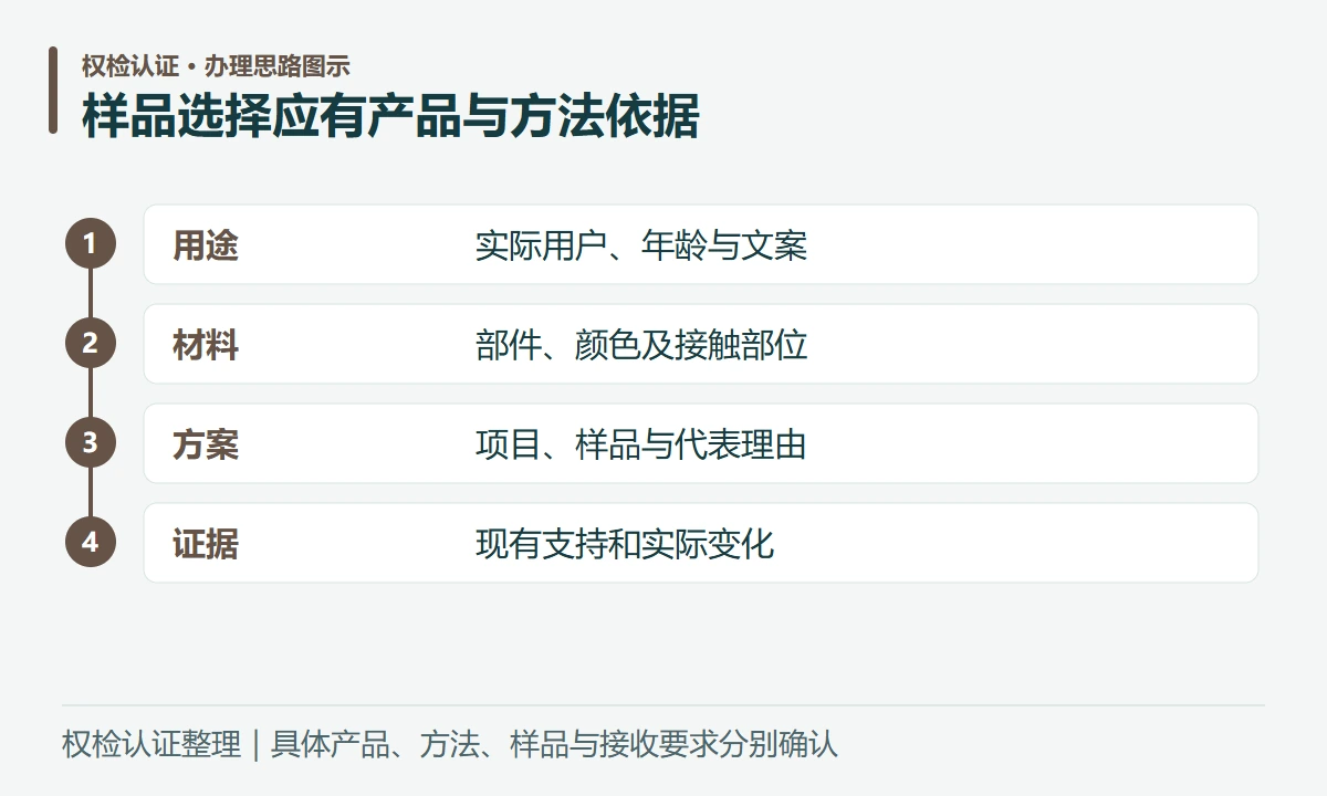 样品选择应有产品与方法依据:用途,实际用户、年龄与文案;材料,部件、颜色及接触部位;方案,项目、样品与代表理由;证据,现有支持和实际变化