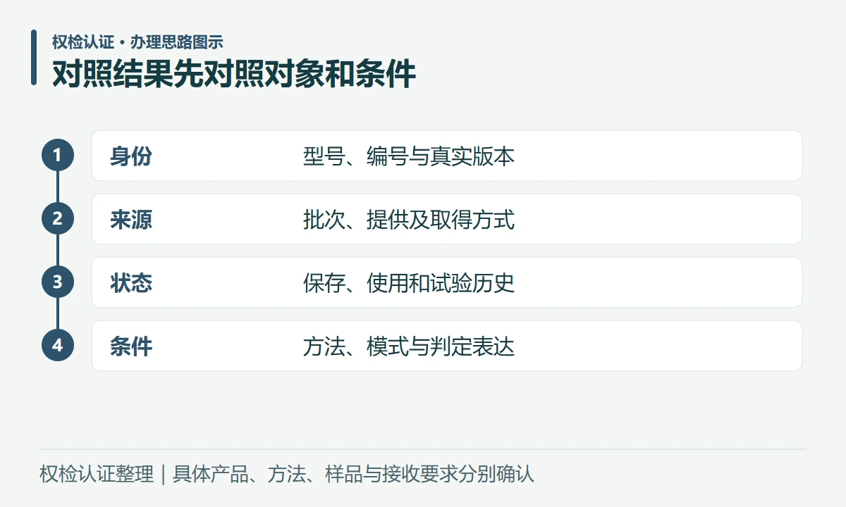 对照结果先对照对象和条件:身份,型号、编号与真实版本;来源,批次、提供及取得方式;状态,保存、使用和试验历史;条件,方法、模式与判定表达