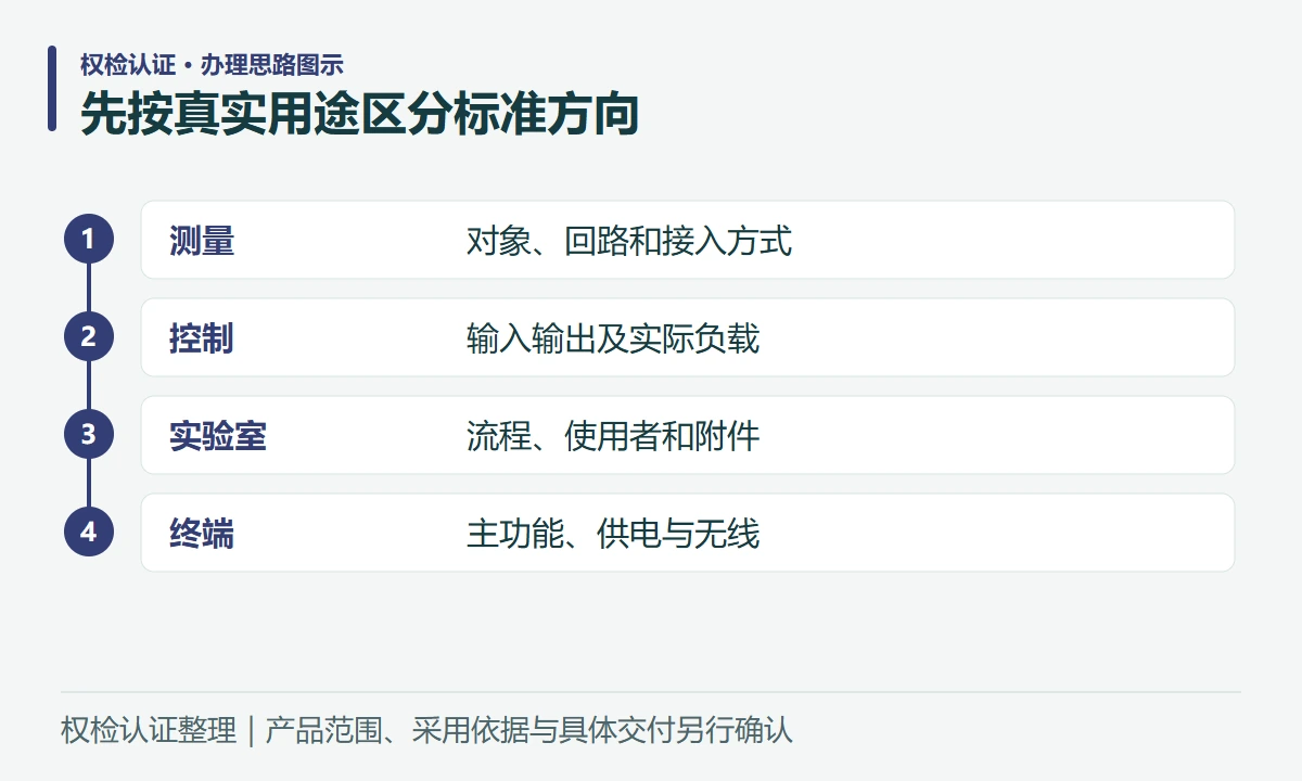 先按真实用途区分标准方向:测量,对象、回路和接入方式;控制,输入输出及实际负载;实验室,流程、使用者和附件;终端,主功能、供电与无线