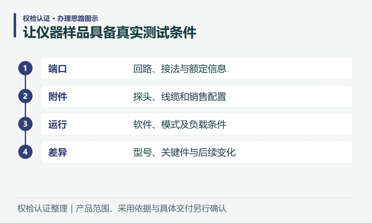 让仪器样品具备真实测试条件:端口,回路、接法与额定信息;附件,探头、线缆和销售配置;运行,软件、模式及负载条件;差异,型号、关键件与后续变化