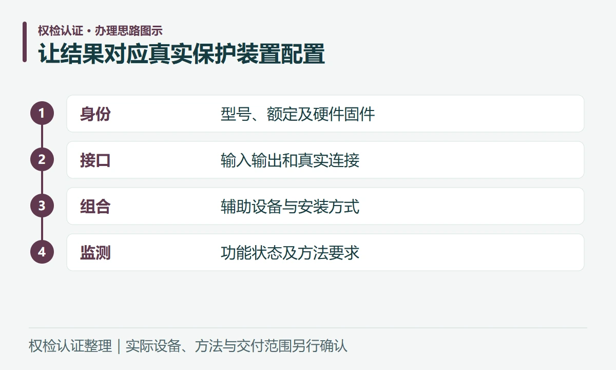 让结果对应真实保护装置配置:身份,型号、额定及硬件固件;接口,输入输出和真实连接;组合,辅助设备与安装方式;监测,功能状态及方法要求