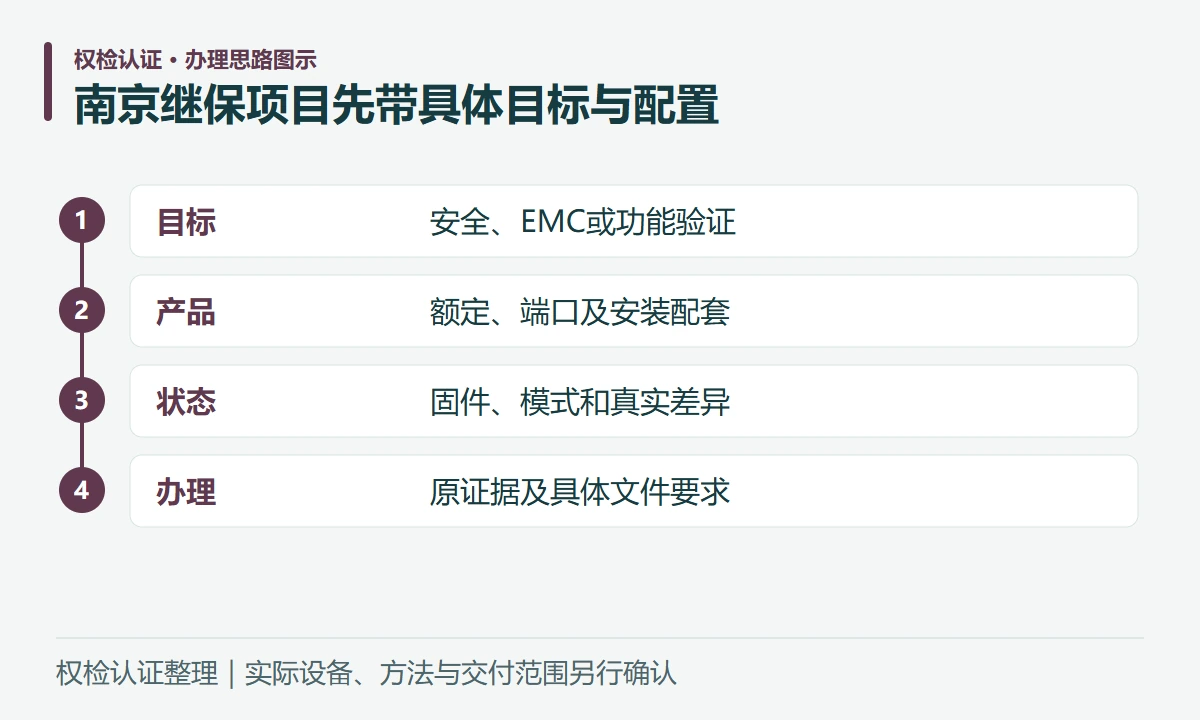 南京继保项目先带具体目标与配置:目标,安全、EMC或功能验证;产品,额定、端口及安装配套;状态,固件、模式和真实差异;办理,原证据及具体文件要求