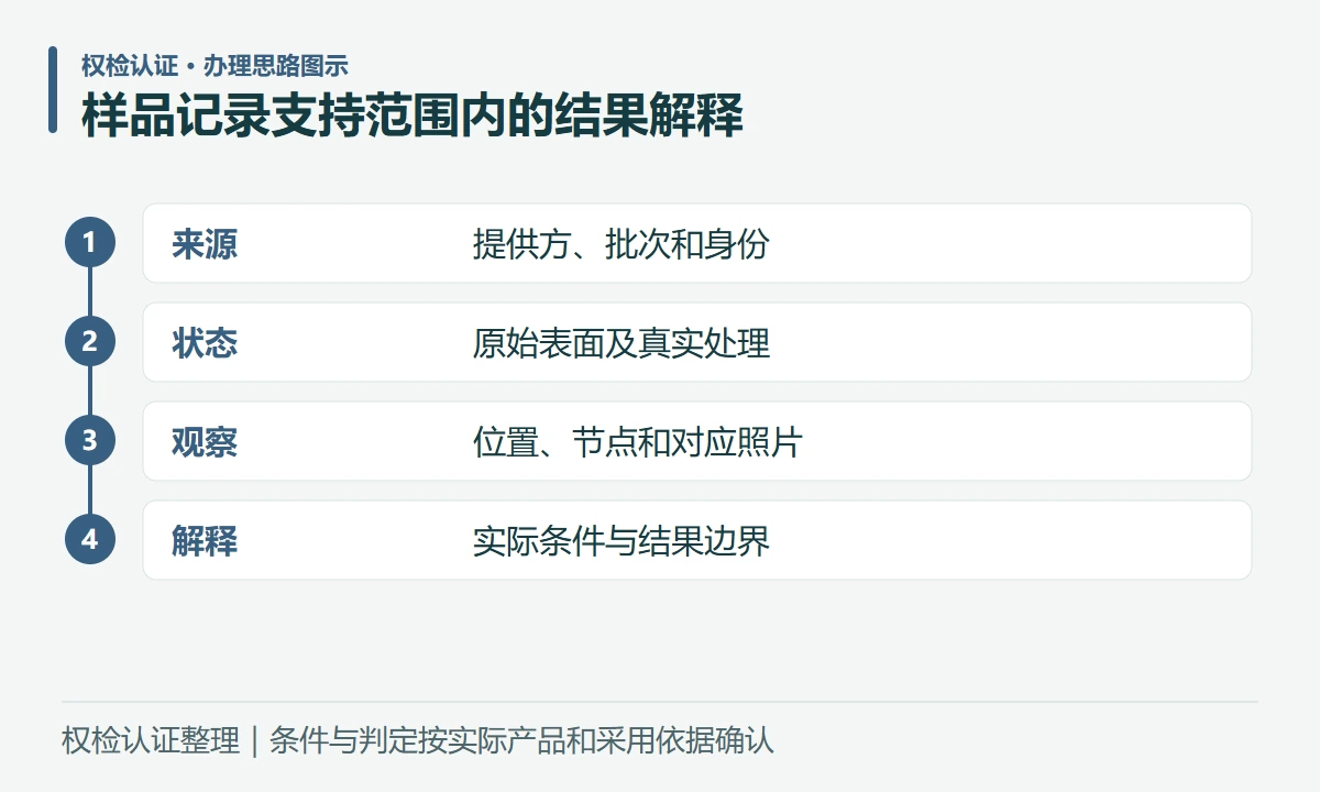 样品记录支持范围内的结果解释:来源,提供方、批次和身份;状态,原始表面及真实处理;观察,位置、节点和对应照片;解释,实际条件与结果边界