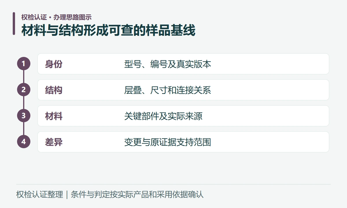 材料与结构形成可查的样品基线:身份,型号、编号及真实版本;结构,层叠、尺寸和连接关系;材料,关键部件及实际来源;差异,变更与原证据支持范围