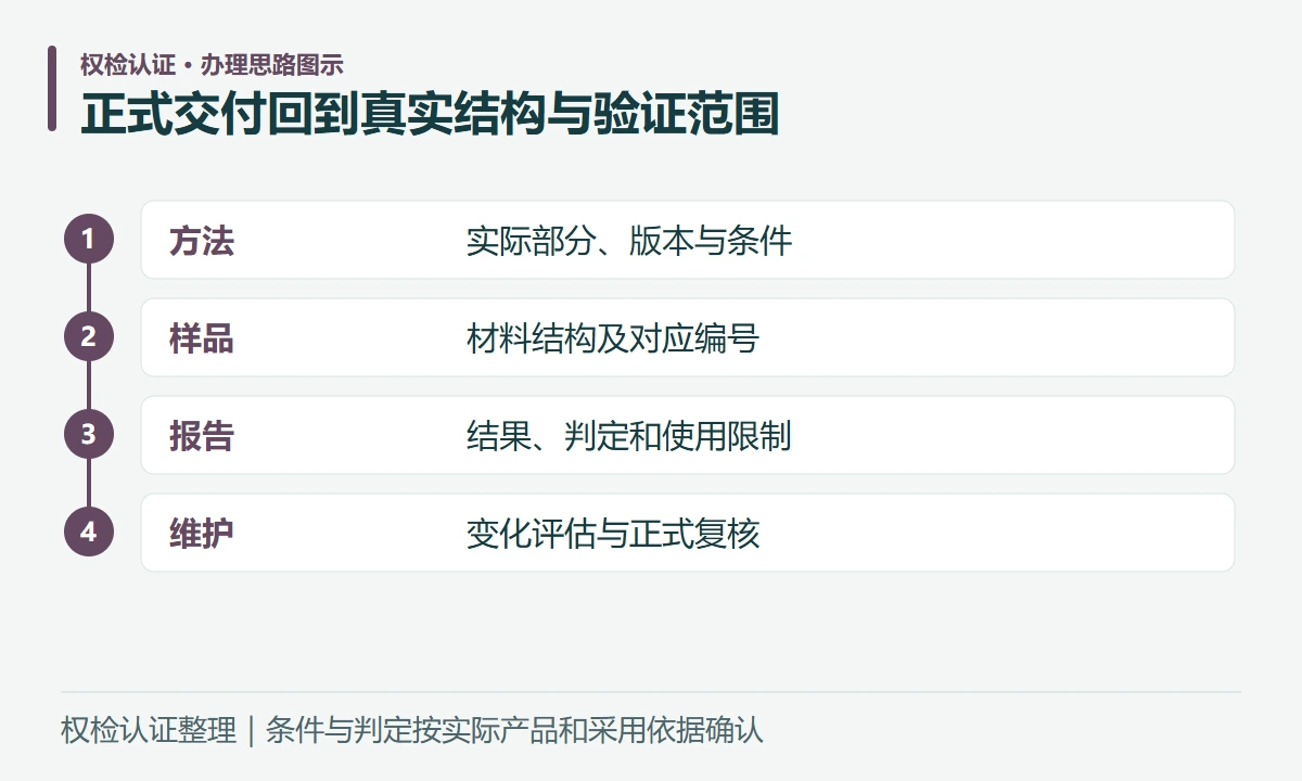 正式交付回到真实结构与验证范围:方法,实际部分、版本与条件;样品,材料结构及对应编号;报告,结果、判定和使用限制;维护,变化评估与正式复核